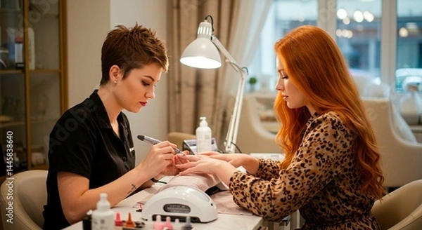 Obraz A manicurist working on a client's nails under a lamp in a salon with bottles and a uv light machine