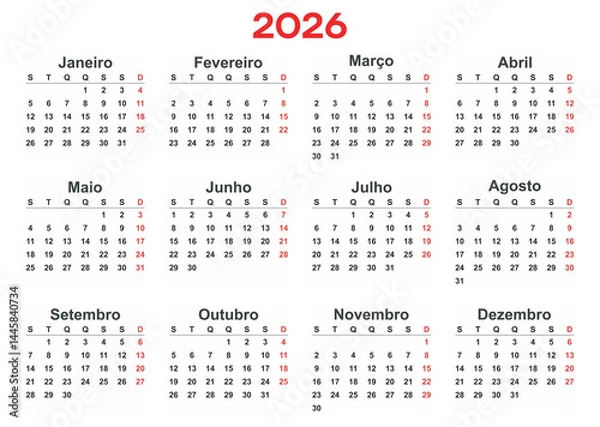 Fototapeta Calendar 2026 Year mockup. Portuguese version. Annual horizontal template. Classic simple minimal design. Editable format. EPS10.