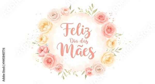 Obraz Feliz dia das mães text surrounded by a wreath of pink and yellow roses on a white background design