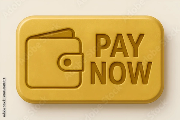 Fototapeta PAY NOW button in gold 3D style with embossed wallet icon, digital payment interface element for online checkout and finance apps
