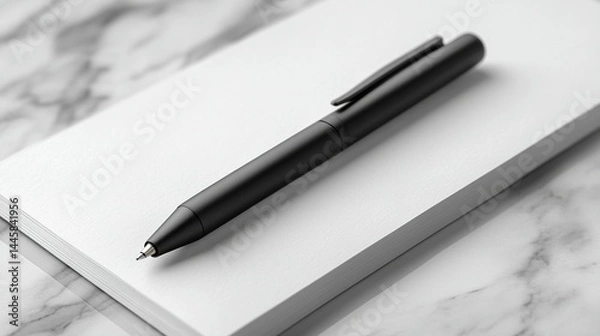 Fototapeta Black pen on a blank notepad resting on a marble surface.