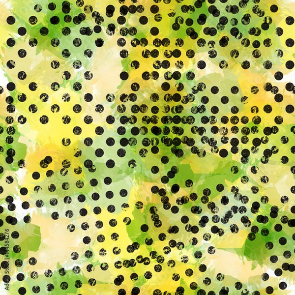 Fototapeta Urban geometric seamless pattern. Camouflage background. Camo textile print with watercolor effect. Colorful fabric swatch. Dotted wallpaper.