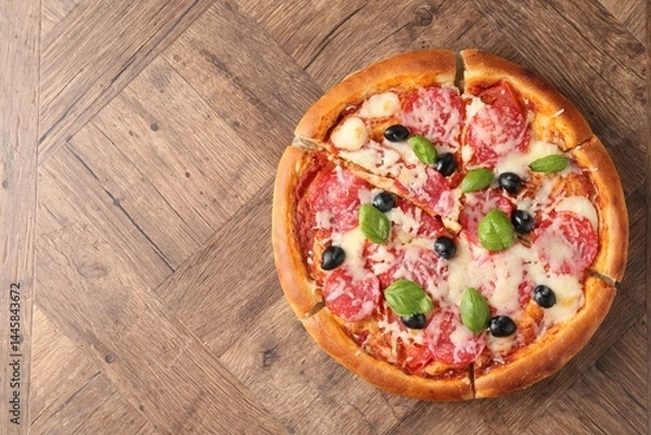 Fototapeta Tasty pizza with salami, cheese, basil and olives on wooden table, top view. Space for text