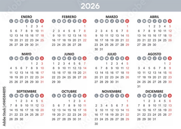 Fototapeta Calendar 2026 Year mockup. Spanish version. Annual horizontal template with round days of the week. Modern design. Editable format. EPS10.
