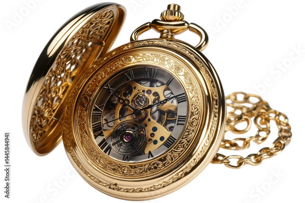 Fototapeta Elegant gold pocket watch intricate detail skeleton movement visible gears classic chain timeless