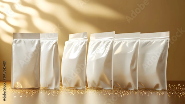 Obraz Blank Packaging Showcase: A product shot presents an array of pristine, blank, glossy pouches, arranged against a warm, inviting backdrop of golden light and shimmering surfaces.
