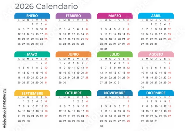 Fototapeta Calendar 2026 Year mockup. Spanish version. Annual horizontal template with colored tabs on white background. Modern design. Editable format. EPS10.