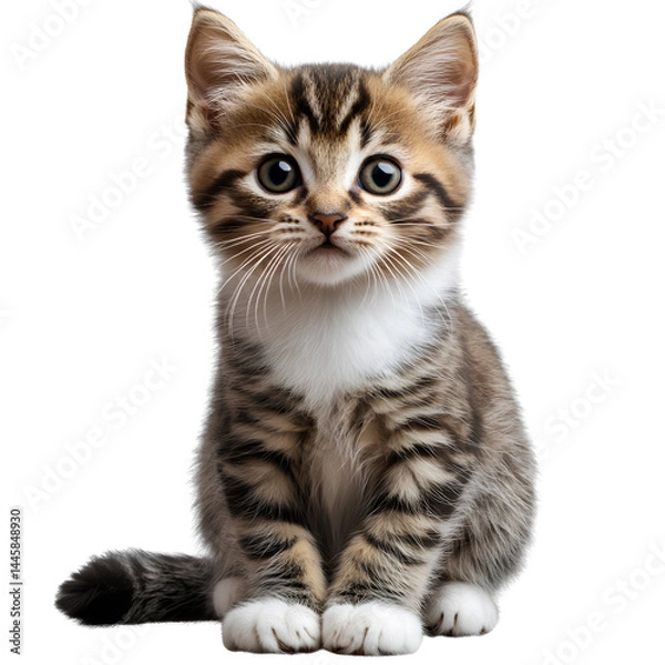 Fototapeta Realistic cat isolated on a file. High-resolution photo of an adorable little brown and striped kitten with transparent background,png