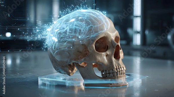 Obraz Brain Waves: A realistic rendering of a human skull, overlaid with a vibrant display of brain wave activity, symbolizing the complexities of thought.