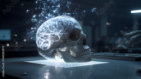 Fototapeta Mind's Marvel: A captivating visual exploration of the human brain, represented as an illuminating illustration within a skull, symbolizing intelligence, thought, and the mysteries of the mind.