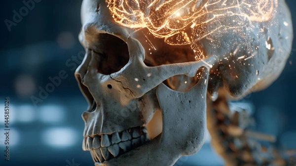 Obraz Glowing Mind: A detailed skull with glowing neural pathways, an abstract concept emphasizing the interconnectedness of thought and memory.