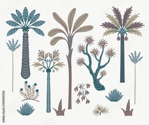 Fototapeta Simple trees and plants isolated. Tropical jungle vector