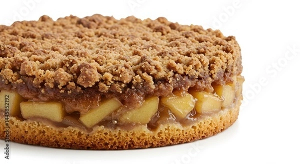 Fototapeta Close up of a round apple cake with a crumble topping and steam rising on a white background