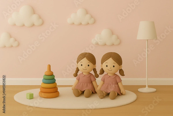 Fototapeta Twin dolls. Charming children's room with two dolls, colorful stacking toy, fluffy clouds, and a floor lamp on a soft pink background.