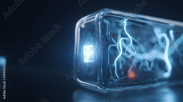 Fototapeta Energy In A Capsule: Capturing the power of innovation, a transparent capsule pulsates with vibrant blue energy, glowing from within, and illuminating its surroundings with a futuristic aura.