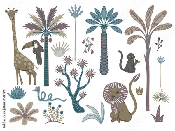 Fototapeta Simple animals, trees and plants. Tropical jungle vector for kids.