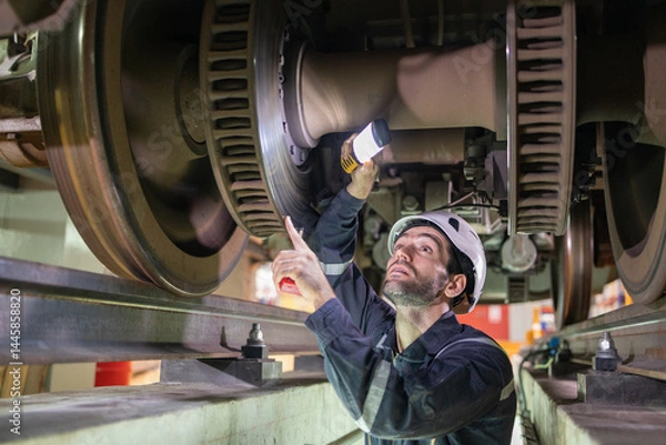 Fototapeta Railway technicians inspect the suspension brakes and axle stability control systems of electric locomotives to ensure they are ready for use.