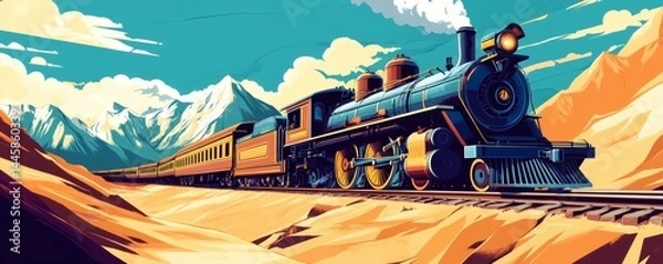 Obraz An old steam train travels through mountains and the landscape
