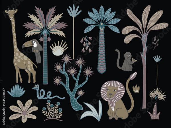 Fototapeta Simple animals, trees and plants. Tropical jungle vector for kids.