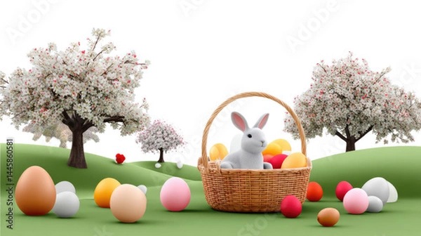 Obraz Easter Bunny Basket and Eggs: A charming Easter scene unfolds with a fluffy bunny nestled in a wicker basket, surrounded by colorful eggs against a backdrop of blooming trees and rolling hills.