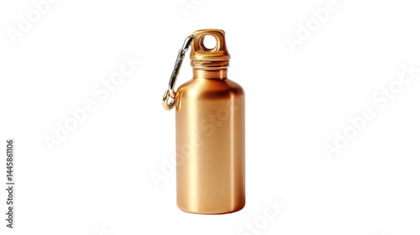 Fototapeta Golden Hydration Vessel: A sleek, gleaming metallic water bottle, reflecting a minimalist aesthetic with its subtle shine and a handy carabiner, embodying the essence of hydration.