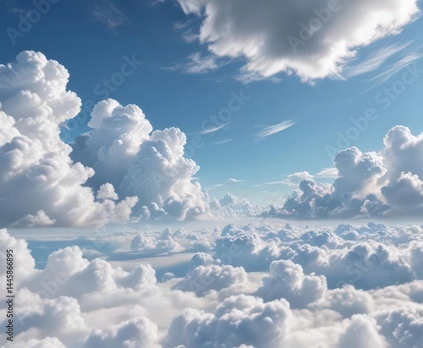 Obraz Vast expanse of azure sky, fluffy white cumulus clouds drift lazily , above, texture