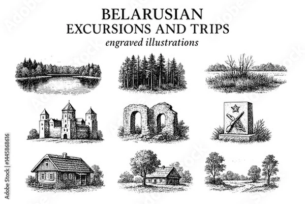 Fototapeta Belarusian landscapes captured in elegant engravings showcasing the beauty of nature and history through intricate illustrations