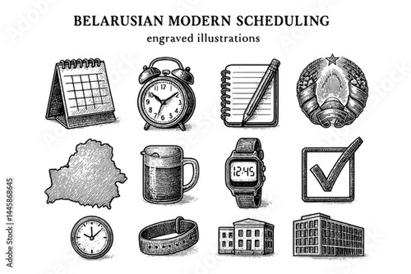 Fototapeta Engraved illustrations of Belarusian modern scheduling concepts highlighting time management and organization