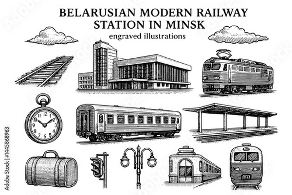 Fototapeta Belarusian modern railway station in Minsk showcases intricate engravings of trains and travel elements