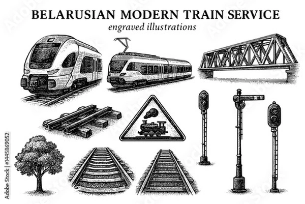 Fototapeta Engraved illustrations depicting elements of Belarusian modern train service with intricate designs showcasing trains and railway infrastructure