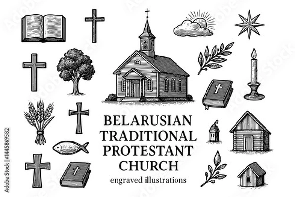 Fototapeta Exploring engraved illustrations of Belarusian traditional Protestant church with symbols of faith and community