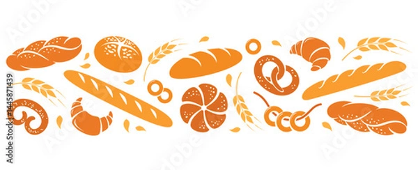 Fototapeta Bread and pastries background. Seamless pattern with bakery products and pastries. Fresh and natural bread, rolls, baguettes, bagels, donuts and croissants. Bakery and shop banner background template