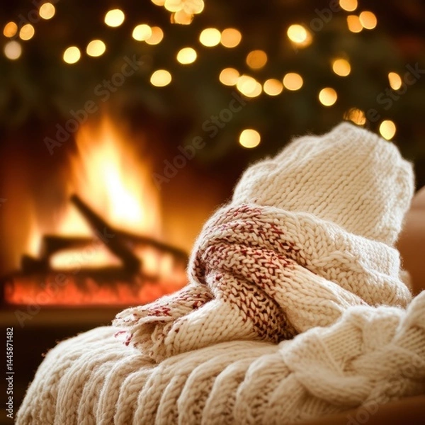 Obraz Cozy winter scene with knitted scarf and glowing fireplace creating a warm and inviting home atmosphere