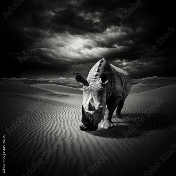 Obraz Dramatic Rhino Standing Proudly in an Arid Desert Landscape under a Threatening Sky captured in Monochromatic Tones