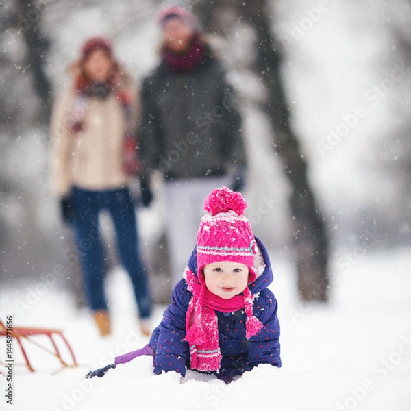 Fototapeta Young family with baby girl outdoors having fun in the snow. Shallow DOF. Developed from RAW; retouched with special care and attention; Small amount of grain added for best final impression.