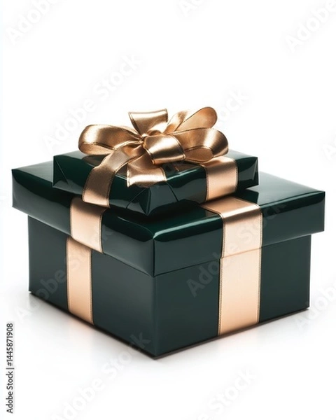 Obraz Two gift boxes elegantly stacked with shiny dark green wrapping and gold ribbon on a white backdrop