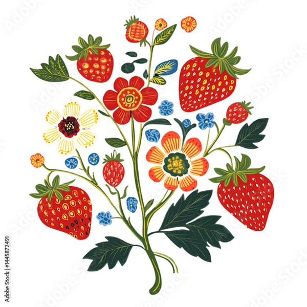 Fototapeta "Floral Pattern with Leaves and Flowers – Elegant Decorative Design . 
 seamless floral pattern, botanical pattern background, flower and leaf print, floral textile design, nature-inspired pattern, s
