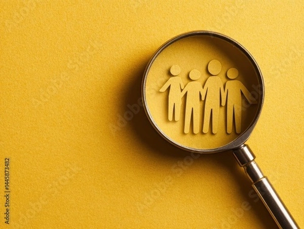 Fototapeta Family group focus under magnifying glass concept on bright gold backdrop top down macro perspective