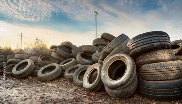Obraz background of old worn car tyres on junkyard