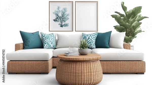 Fototapeta Gray partal with teal pillows, wicker table, large plant, and framed art
