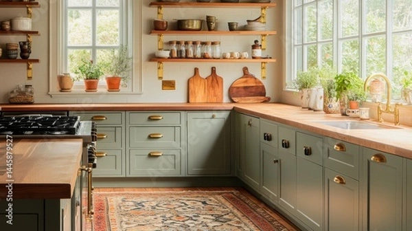 Fototapeta Sage green kitchen with brass hardware, open shelves, wood counters, patterned rug, and natural lighting
