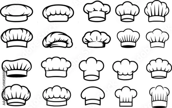 Obraz Chef, Baker, and Cook Hat vector Set – Black Vector Outline Collection of Culinary Headwear Including Toques, Caps, and Berets – Isolated on transparent Background