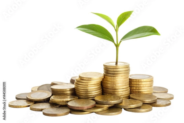Fototapeta Plant growing from gold coin stacks representing financial growth and investment success concept idea png on transparent background