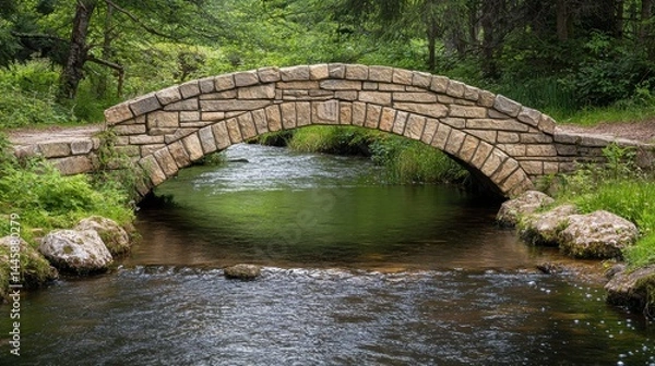 Fototapeta Stone arch bridge over serene stream surrounded by lush greenery