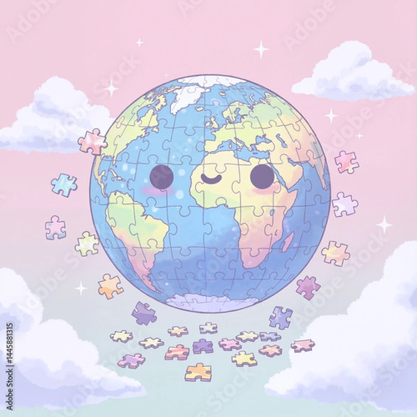 Obraz Earth puzzle illustration with cheerful expression in a pastel sky  