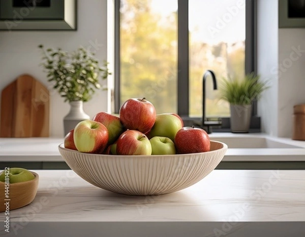 Obraz fresh apples in a bowl on a kitchen countertop with modern decor