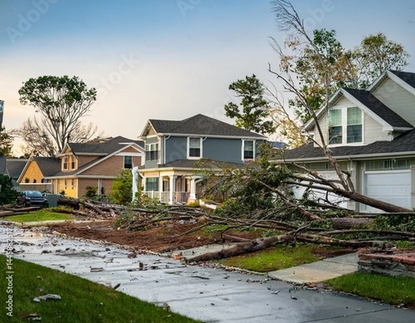Obraz storm damage in a suburban neighborhood downed trees and shattered windows residents assessing the destruction