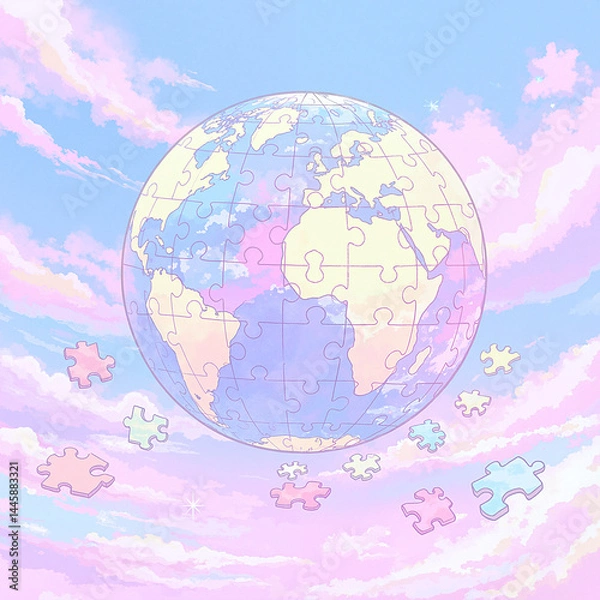 Obraz Earth Puzzle Piece Illustration Against Colorful Clouds  