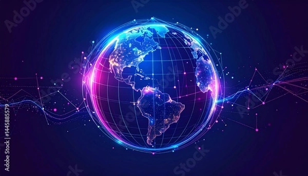 Fototapeta Glowing Digital World Globe With Abstract Particle Effects