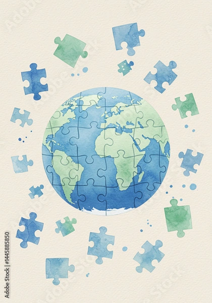 Obraz Earth puzzle pieces in watercolor style on a soft background  